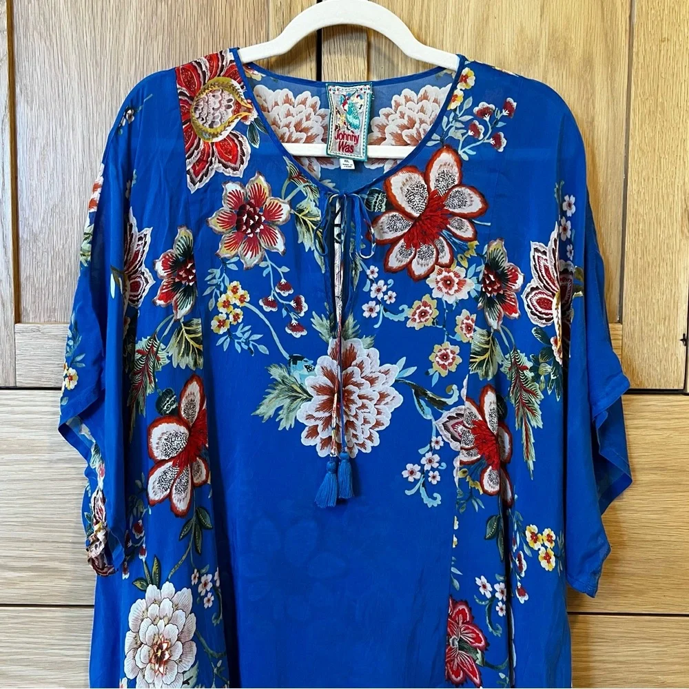 Johnny Was Zadie Tassel Tie Floral Blouse Blue Multi Size XXL Bohemian Coastal - Picture 3 of 8
